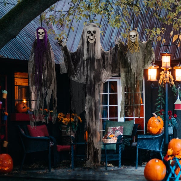 HOMCOM 3er-Set Halloween Dekoration 90/110/200cm Hängendes Skelett mit verstellbare Arme, Haustür Deko, Spukhaus-Requisite in Lebensgröße, für Hof Rasen, Garten, Party