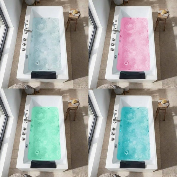 Rechteckige Whirlpool Badewanne mit Armaturen, Kopfstütze und LED Beleuchtung in vier verschiedenen Lichtfarben, Vogelperspektive.