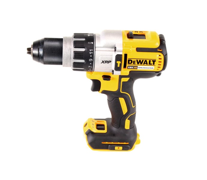 Gelb-schwarzer DeWALT 18 Volt Akku-Schlagbohrschrauber XRP bürstenlos mit Schnellspannbohrfutter und Drehmomenteinstellung.
