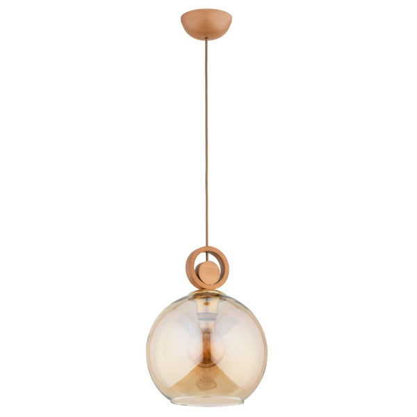 Moderne Pendelleuchte mit runder Glaskugel und Details aus Holz.