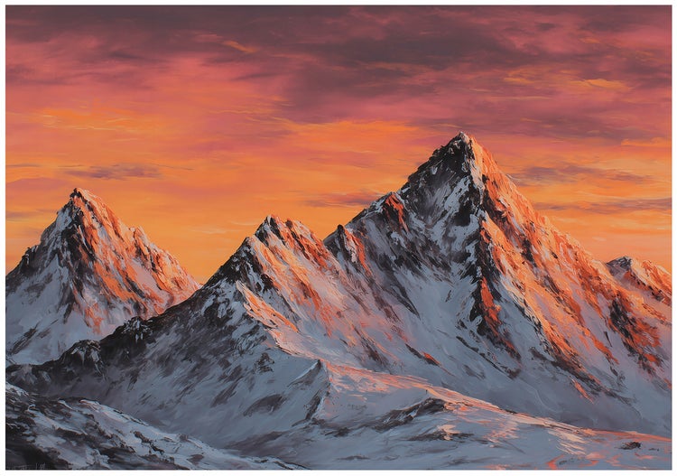 Gemälde einer schneebedeckten Berglandschaft bei Sonnenaufgang