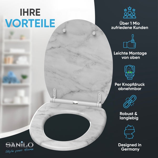 Sanilo Toilettensitz Marmor-Optik. Montage oben, abnehmbar, robust, langlebig, in Deutschland entworfen, eine Million zufriedene Kunden. Sanilo Logo.