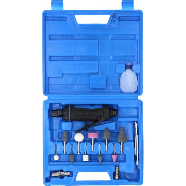 Druckluft-Geradschleifer-Set mit Zubehör im blauen Koffer