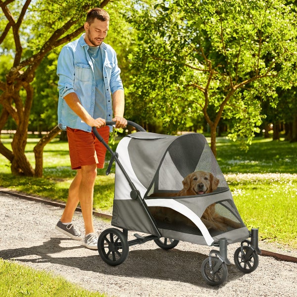 PawHut Hundewagen Hundebuggy klappbar für große Hunde & Katzen bis 30 kg Katzenbuggy mit Kissen Netzfenstern Türen Aufbewahrungstasche Katzenwagen mit Sicherheitsleinen, Bremsen, Buggy Dunkelgrau