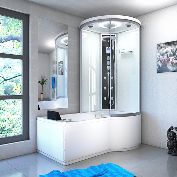 Moderne Dusch-Badewannen-Kombination mit runder Glas-Duschkabine, integriertem Duschpaneel mit Massagedüsen und weißer Badewanne in hellem Badezimmer.