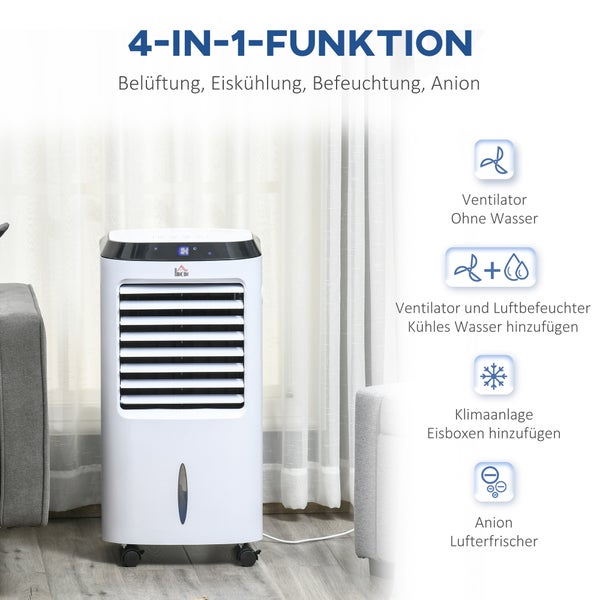 HOMCOM 4 in 1 Mobiler Luftkühler mit Luftbefeuchtung, Luftkühler, 8h Timer, 10L, Nutzungsraum 20㎡, 60W, 38,2 x 31,6 x 76 cm, ABS, Weiß+Schwarz
