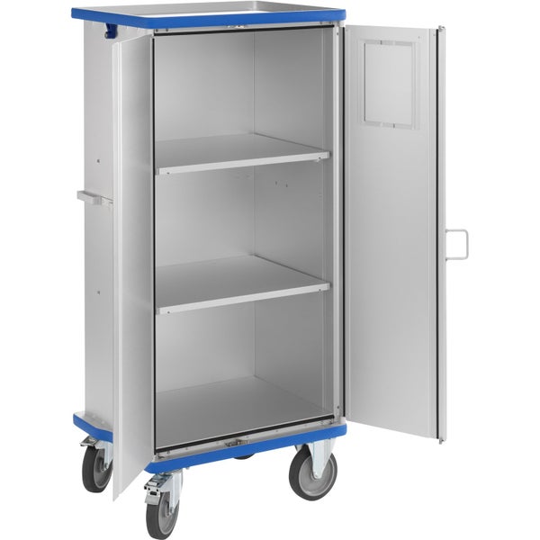 Rollbarer Werkzeugschrank mit offen stehender Tür und Einlegeböden