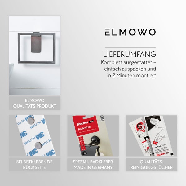Lieferumfang von ElmoWo Badaccessoire mit fischer Spezialkleber, Reinigungstüchern und selbstklebender Rückseite für schnelle Montage im Badezimmer.
