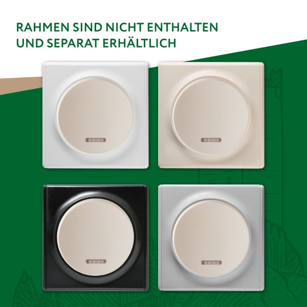 Vier quadratische Lichtschalter mit rundem Einsatz in verschiedenen Ausführungen ohne Abdeckrahmen.