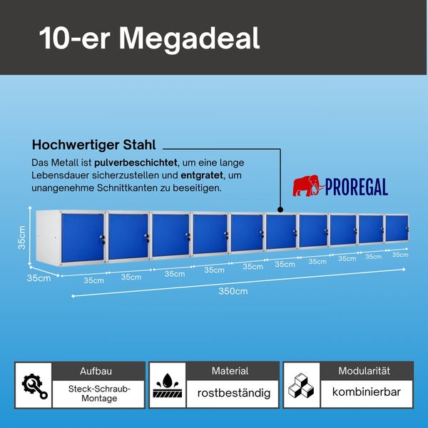 10 Schließfachwürfel aus blauem und weißem pulverbeschichtetem Stahl, je 35 mal 35 mal 35 Zentimeter, rostbeständig und modular. Proregal Logo.