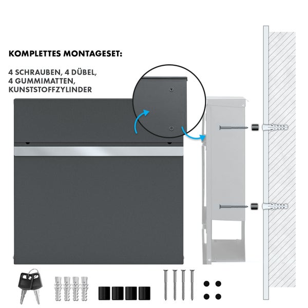 FLOORDIREKT Briefkasten Gaston - Stahl Wandbriefkasten mit Zeitungsfach und Edelstahl-Namensschild