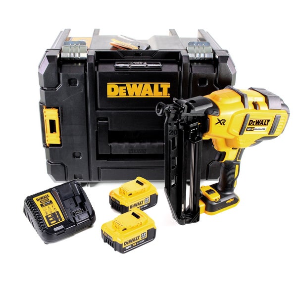 DeWALT 18 Volt Akku-Nagler-Set mit zwei Akkus, Ladegerät und TSTAK-Transportkoffer.