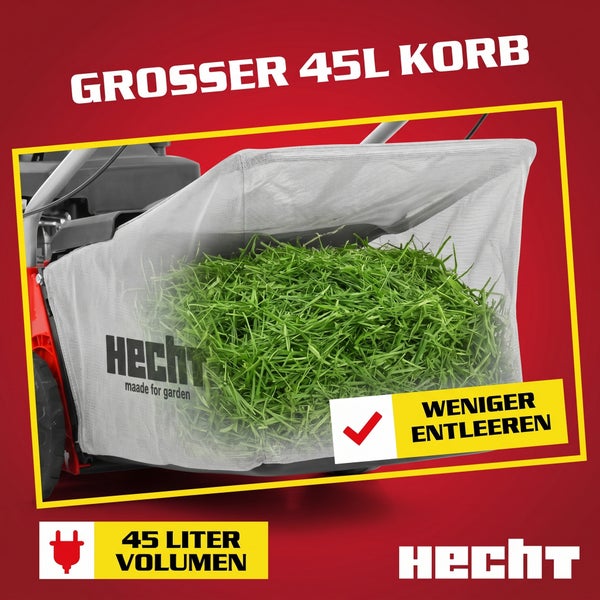 Hecht Rasenmäher Fangkorb aus Netzgewebe mit 45 Liter Fassungsvermögen, gefüllt mit Gras, Symbol für Netzbetrieb und Hecht Logo.