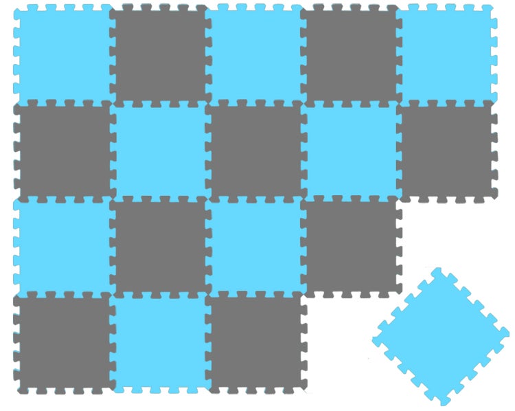 Quadratische Schaumstoffmatten als Puzzlematte zum Zusammenstecken mit Verbindungsstücken in Schachbrettmuster