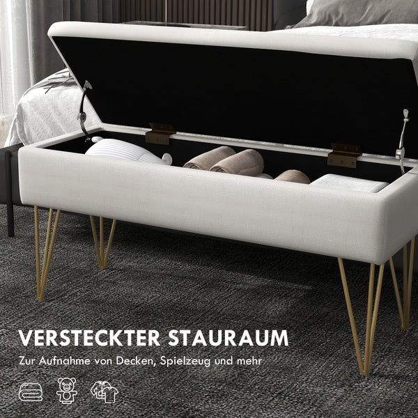 HOMCOM Sitzbank Polsterbank mit Stauraum, Leinenoptik, Bettbank mit Stahlbeine, für Schlafzimmer, Wohnzimmer, Flur, 100 x 40 x 49 cm, Creme