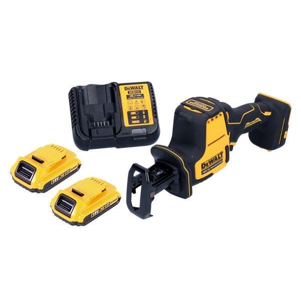 DeWalt Akku-Säbelsäge-Set inklusive zwei 18 Volt Akkus und einem passenden Ladegerät.