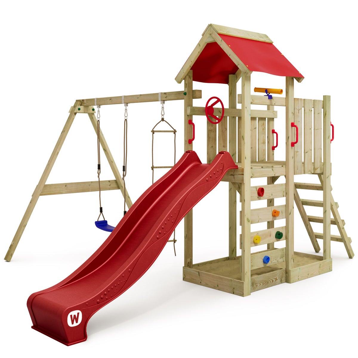 WICKEY Spielturm Klettergerüst MultiFlyer mit Schaukel und Rutsche, Kletterturm mit Sandkasten, Leiter und Spiel-Zubehör - rot