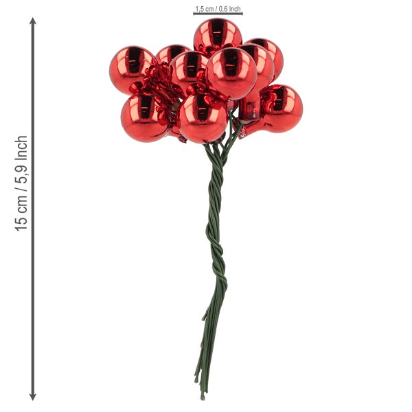 Dekoration mit roten Weihnachtskugeln und grünem Stiel, circa 15 cm lang.