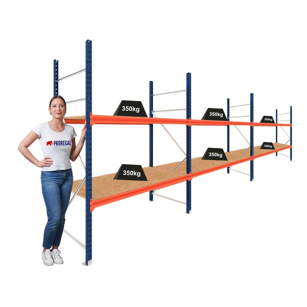 Schwerlastregal mit blauen Ständern, orangefarbenen Traversen und Holzböden. Tragkraft 350 Kilogramm pro Ebene.