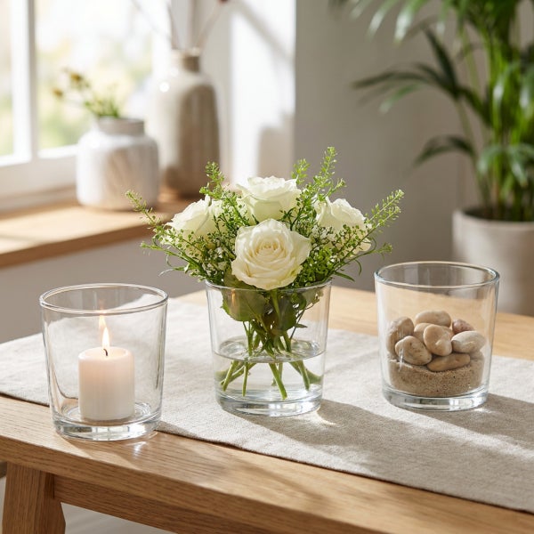 Tischdekoration mit Glasvasen, einer brennenden Kerze, Steinen und einem Rosenstrauß auf einem Holztisch.