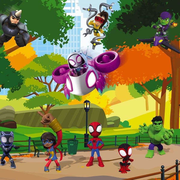 Illustration einer Parkszene mit verschiedenen Comicfiguren.