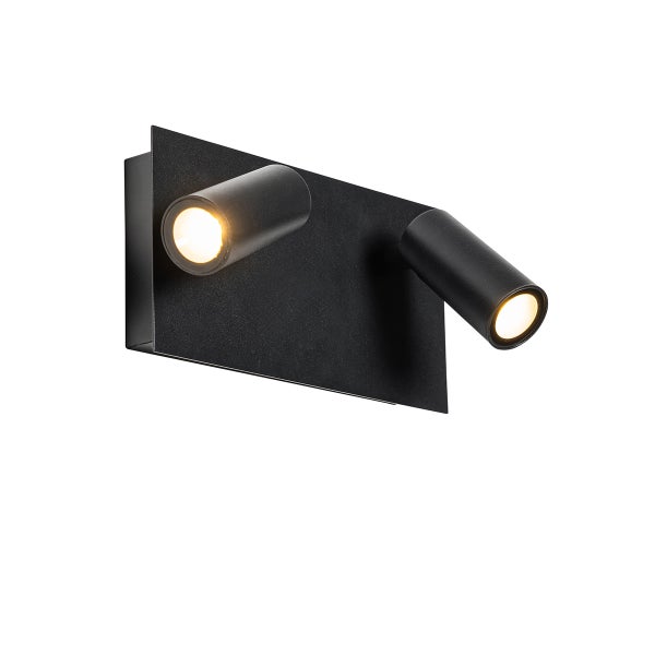 Schwarzer Wandstrahler mit zwei verstellbaren zylinderförmigen LED-Spots auf einer rechteckigen Metallbasis.