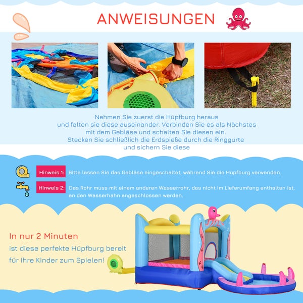 Outsunny Aufblasbare Hüpfburg mit Rutsche Springburg Spielburg Wasserpark für Kinder Trampolin aufblasbar Wasserrutsche Pool für 3-8 Jahre Oktopus-Muster Oxfordstoff 360 x 175 x 180 cm