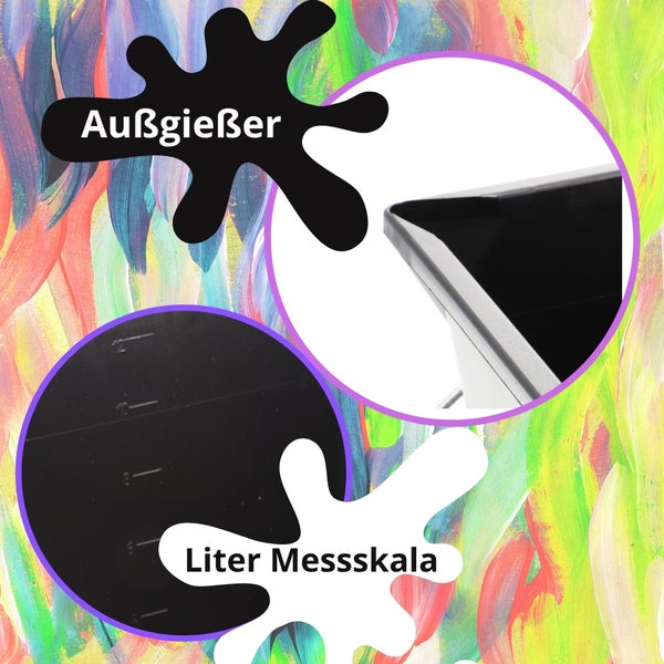 Detailansicht eines Farbeimers mit Ausgießer und integrierter Liter Messskala.