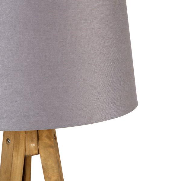 Detailaufnahme einer Tischleuchte mit grauem Lampenschirm und Holzfuß