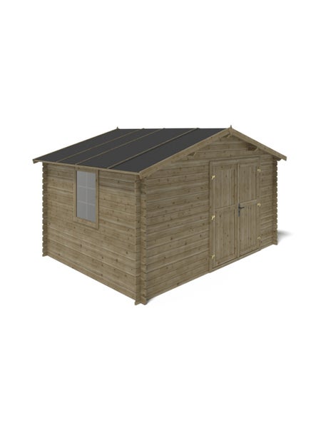 Gartenhaus aus Holz mit Satteldach, Doppeltür und einem Fenster an der Seite.