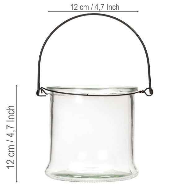 Windlicht aus Glas mit Metallhenkel, Höhe 12 Zentimeter, Durchmesser 12 Zentimeter.