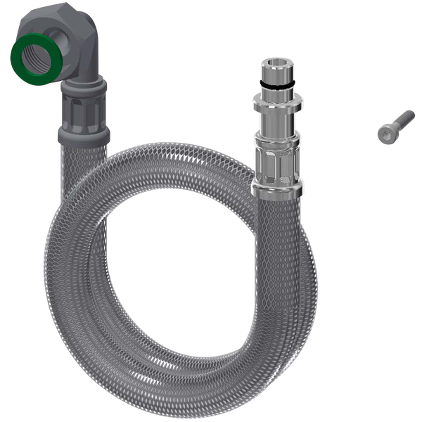 Flexibler Anschlussschlauch mit Winkelanschluss, geradem Stecknippel und Befestigungsschraube.