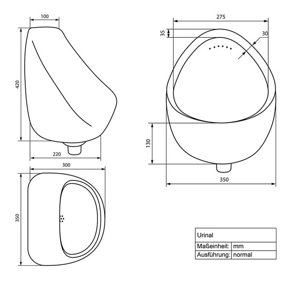 ECD Germany Urinal Zulauf von hinten Weiß, Hochwertige Keramik Pinkelbecken, Modernes Design Pissoir, 35 x 42 x 30 cm, Rund, Spülrand Geschlossen, Ablauf nach hinten, WC-Urinal Absaugeurinal Becken
