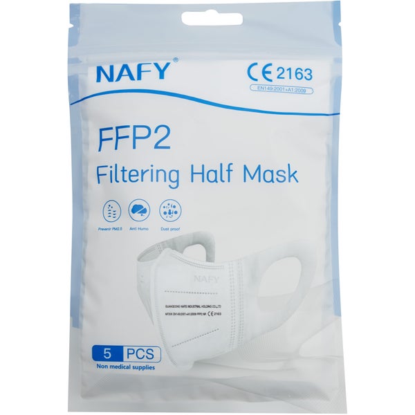 Verpackung einer NAFY FFP2-Halbmaske mit CE 2163 Kennzeichnung