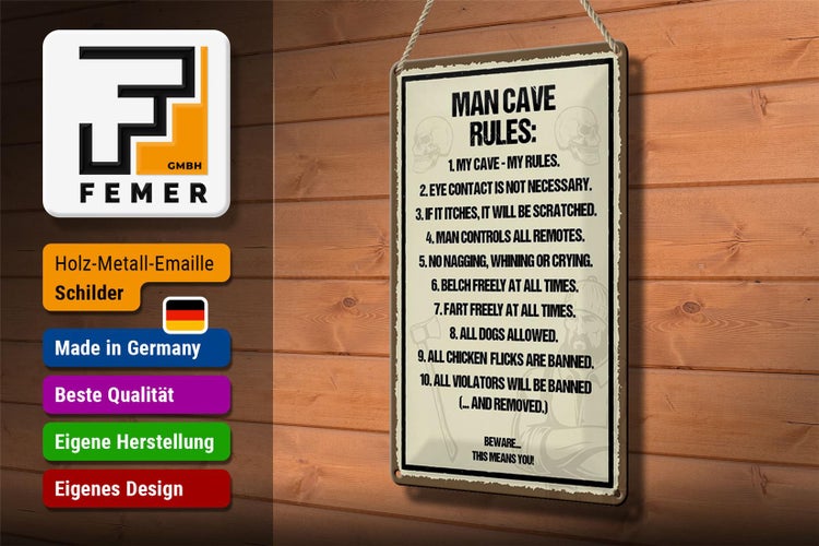 Blechschild Spruch 20x30cm Man Cave Rules my cave my rules