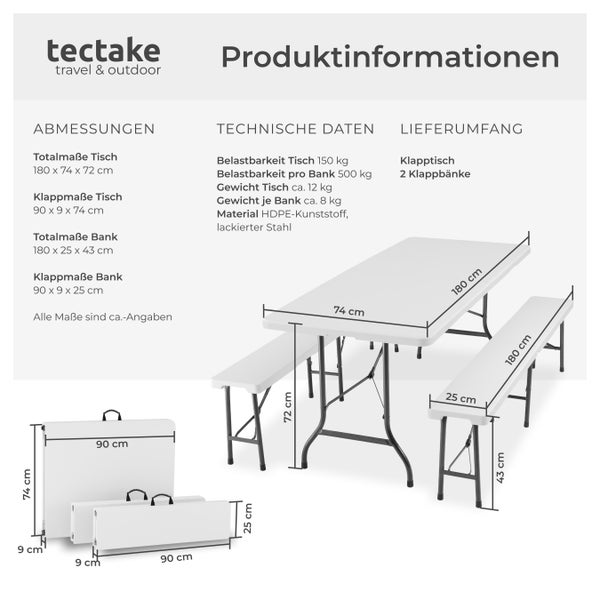 Campingtischgarnitur  tectake Panja mit Tragegriffen klappbar weiß