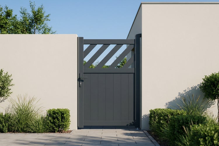 Einflügeliges Gartentor aus Aluminium in Anthrazit mit diagonalen und vertikalen Streben zwischen zwei Mauern.