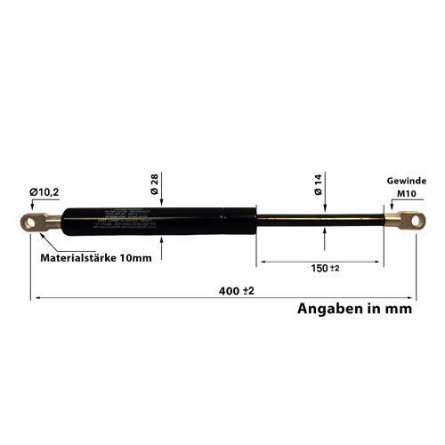 Gasdruckfeder mit technischen Zeichnungen, Gesamtlänge 400 Millimeter, Hub 150 Millimeter, Gewinde M10, Materialstärke 10 Millimeter.