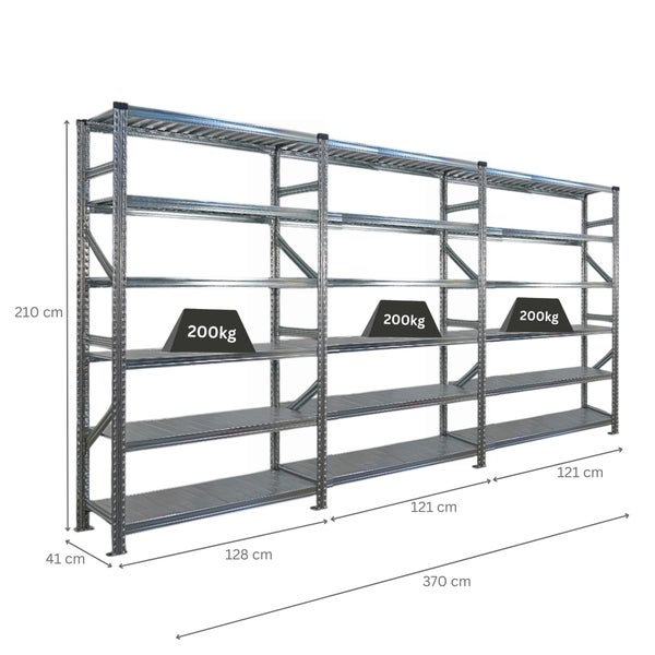 Metallregal mit vier Regalböden und den Maßen 210 cm Höhe, 370 cm Breite und 41 cm Tiefe
