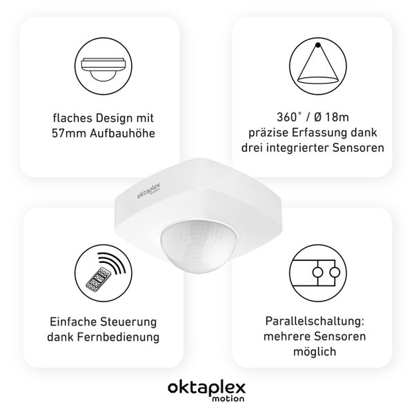Oktaplex Tim Bewegungsmelder außen 360° inkl. Fernbedienung IP65 Deckenmontage weiß