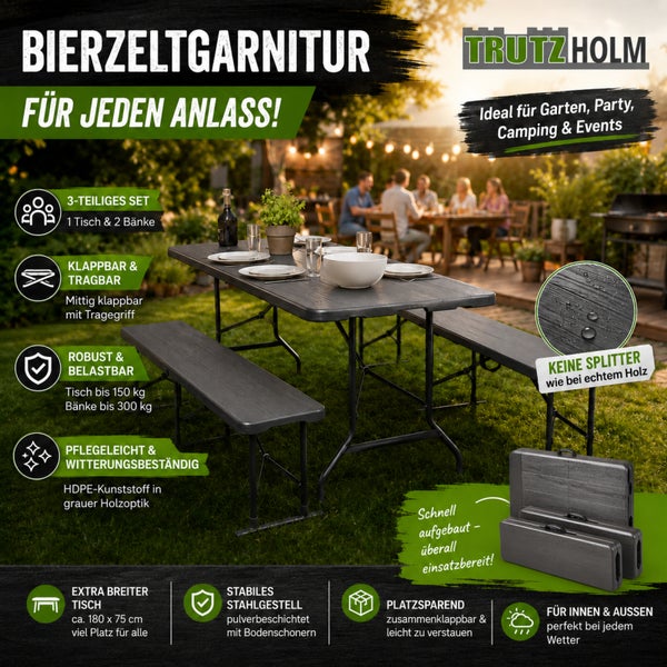 Trutzholm Bierzelthgarnitur, 3 teiliges Set aus klappbarem Kunststofftisch und zwei Bänken mit pulverbeschichtetem Stahlgestell für Garten und Events