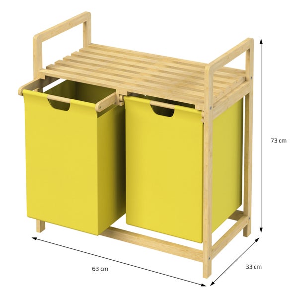 ML-Design Wäschekorb aus Bambus, Gelb, Wäschebox mit 2 Fächern, Wäschesammler mit 2 ausziehbaren Wäschesäcken 60 L, Wäschetruhe mit Ablage, Wäschesortierer für Badezimmer, Wäschetonne mit Regal