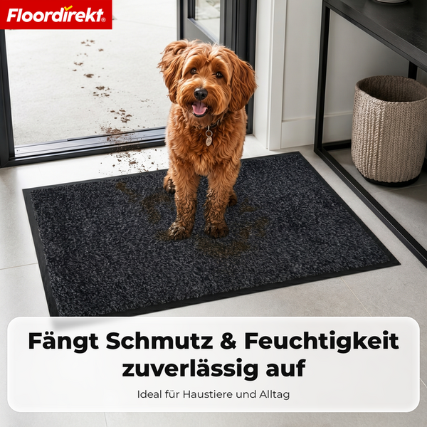 Floordirekt Logo. Hund mit schmutzigen Pfoten auf einer dunklen Schmutzfangmatte im Eingangsbereich, die Schmutz und Feuchtigkeit zuverlässig aufnimmt.
