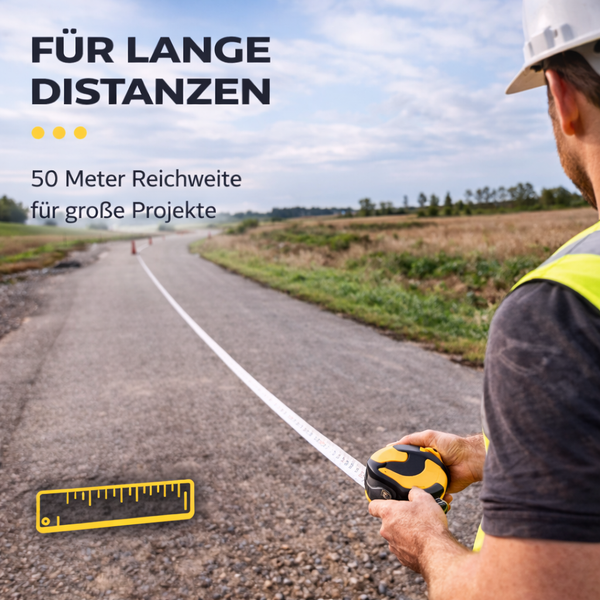 Bauarbeiter auf einer Straße mit einem 50 Meter Maßband für lange Distanzen und große Projekte.