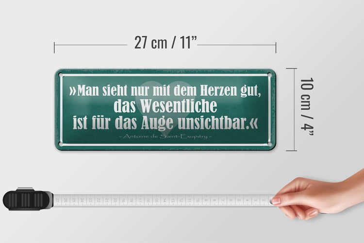 Blechschild Spruch 27x10cm man sieht nur mit Herzen gut Dekoration