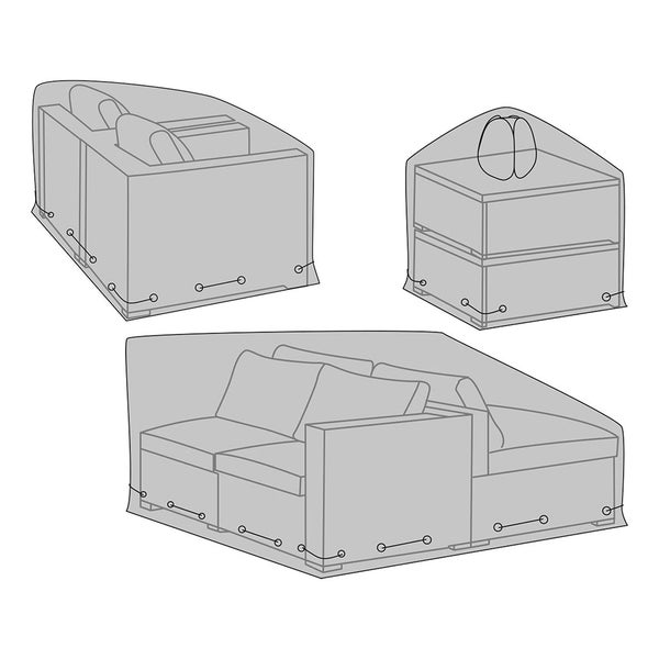 Zeichnung von drei verschiedenen Schutzhüllen für Gartenmöbel mit Befestigungsösen und Kordel.
