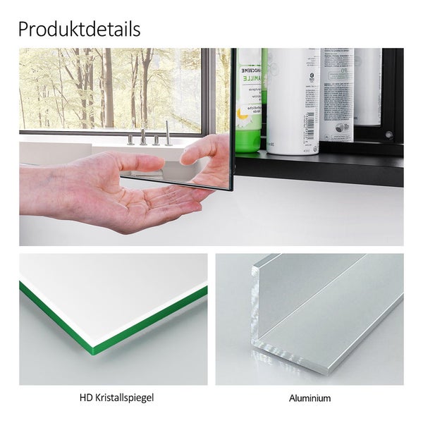 Produktdetails eines Spiegelschranks: HD Kristallspiegel und Aluminiumprofil, eine Hand öffnet die Spiegeltür.