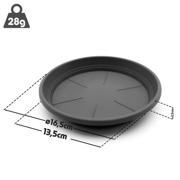 Pflanzenuntersetzer mit den Maßen 16,5 cm Durchmesser und 2,5 cm Höhe