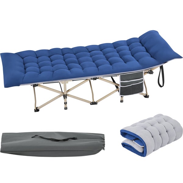 Feldbett mit blauer Matratze, Transporttasche und gerollter Matratze