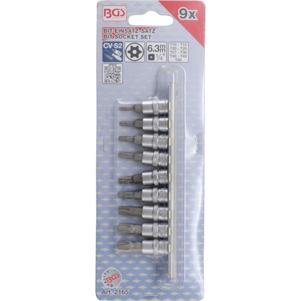 BGS Bit-Einsatz-Satz Antrieb Innenvierkant 6,3 mm (1/4) T-Profil (für Torx) mit Bohrung T10 - T50 9tlg. - 2165